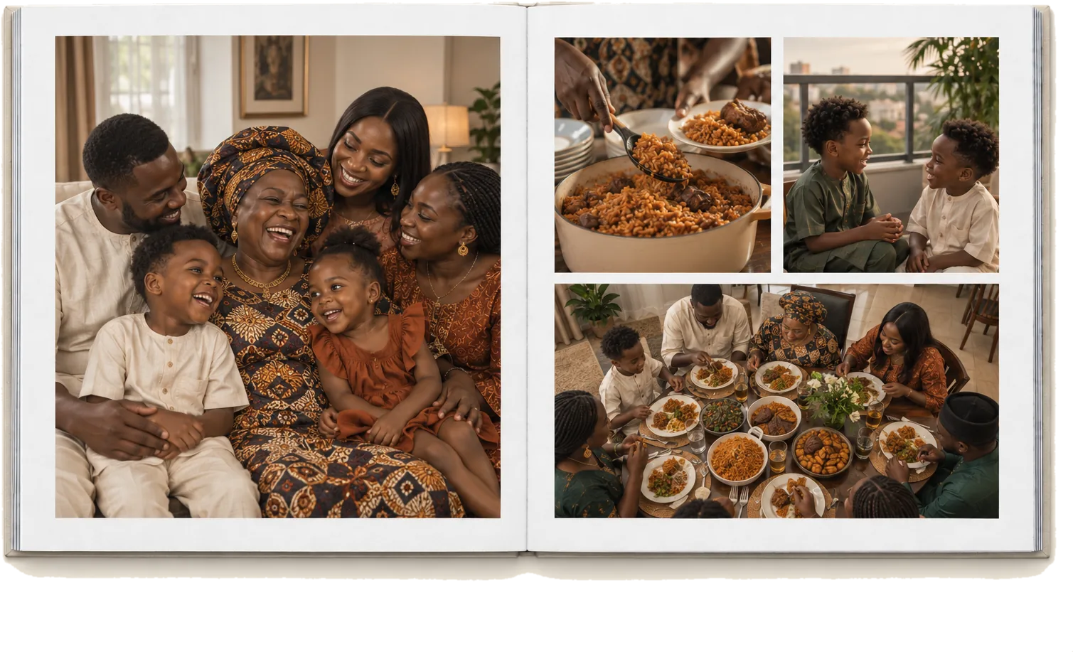 An open lay-flat photobook, a family gathering running across both pages