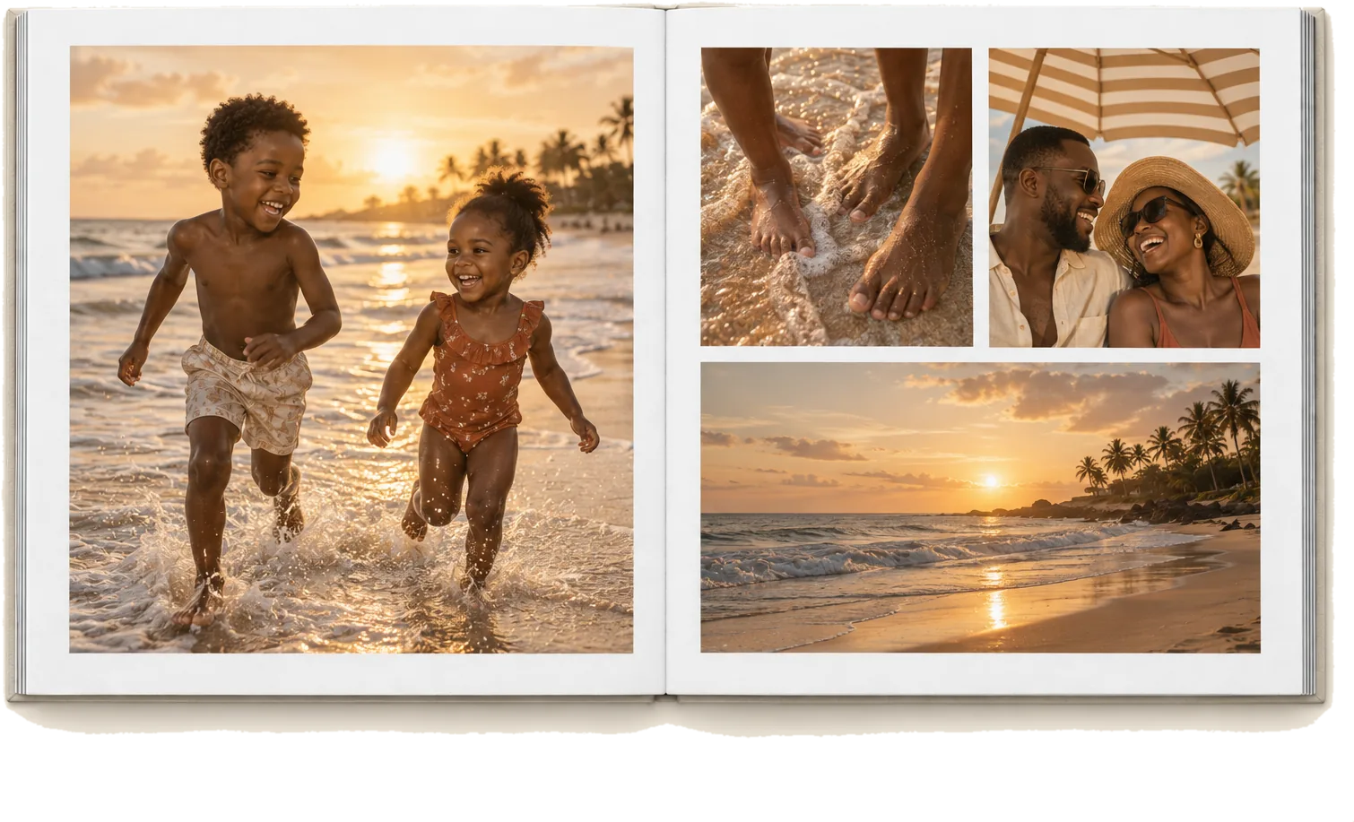 An open lay-flat photobook, a beach trip spread running across both pages
