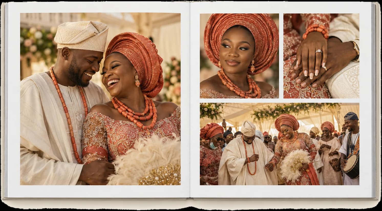 An open lay-flat photobook, a wedding spread running across both pages
