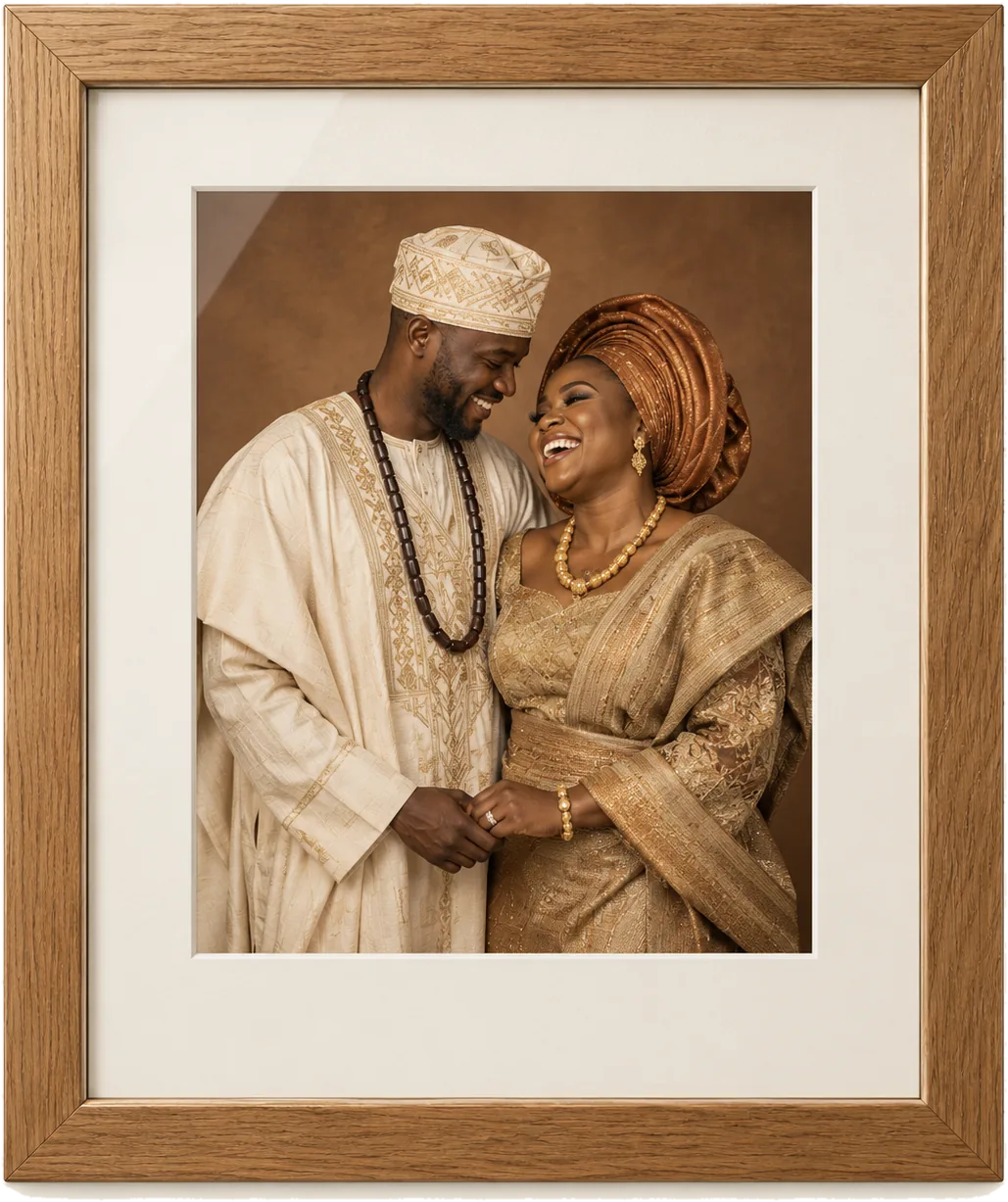 A couple in cream and gold, framed in oak behind an ivory mat, captioned “Forever”