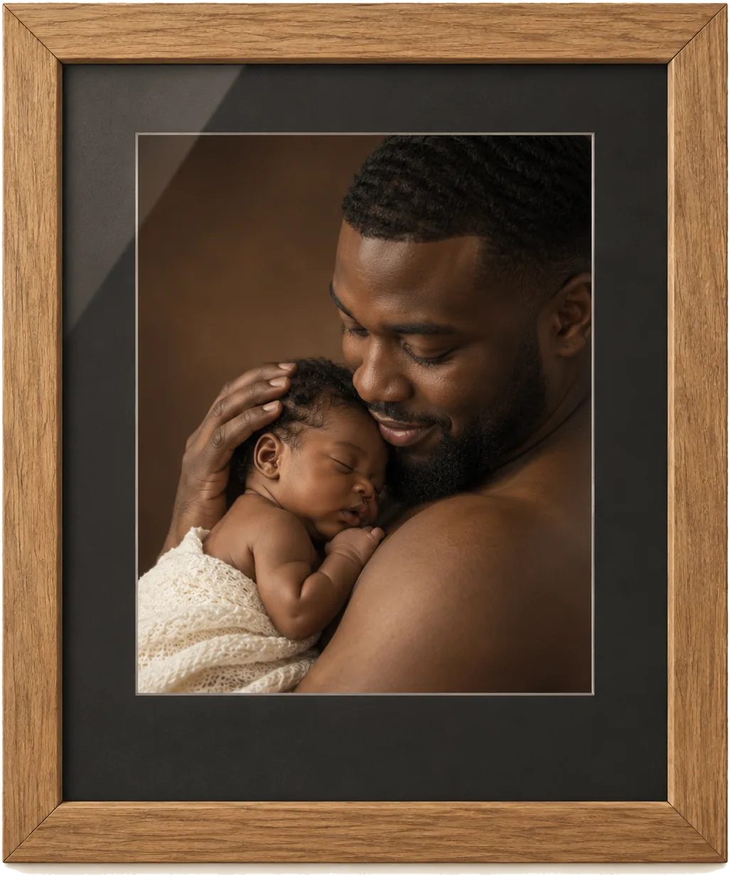 A father cradling his newborn, in a custom oak frame