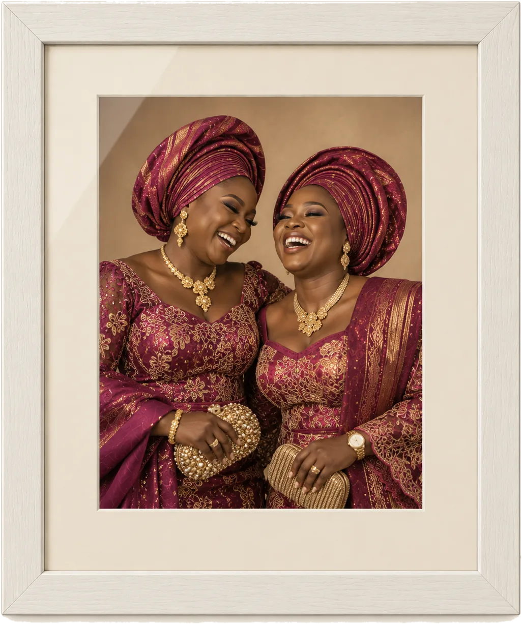 Two women in magenta and gold aso-ebi, framed in white behind a cream mat